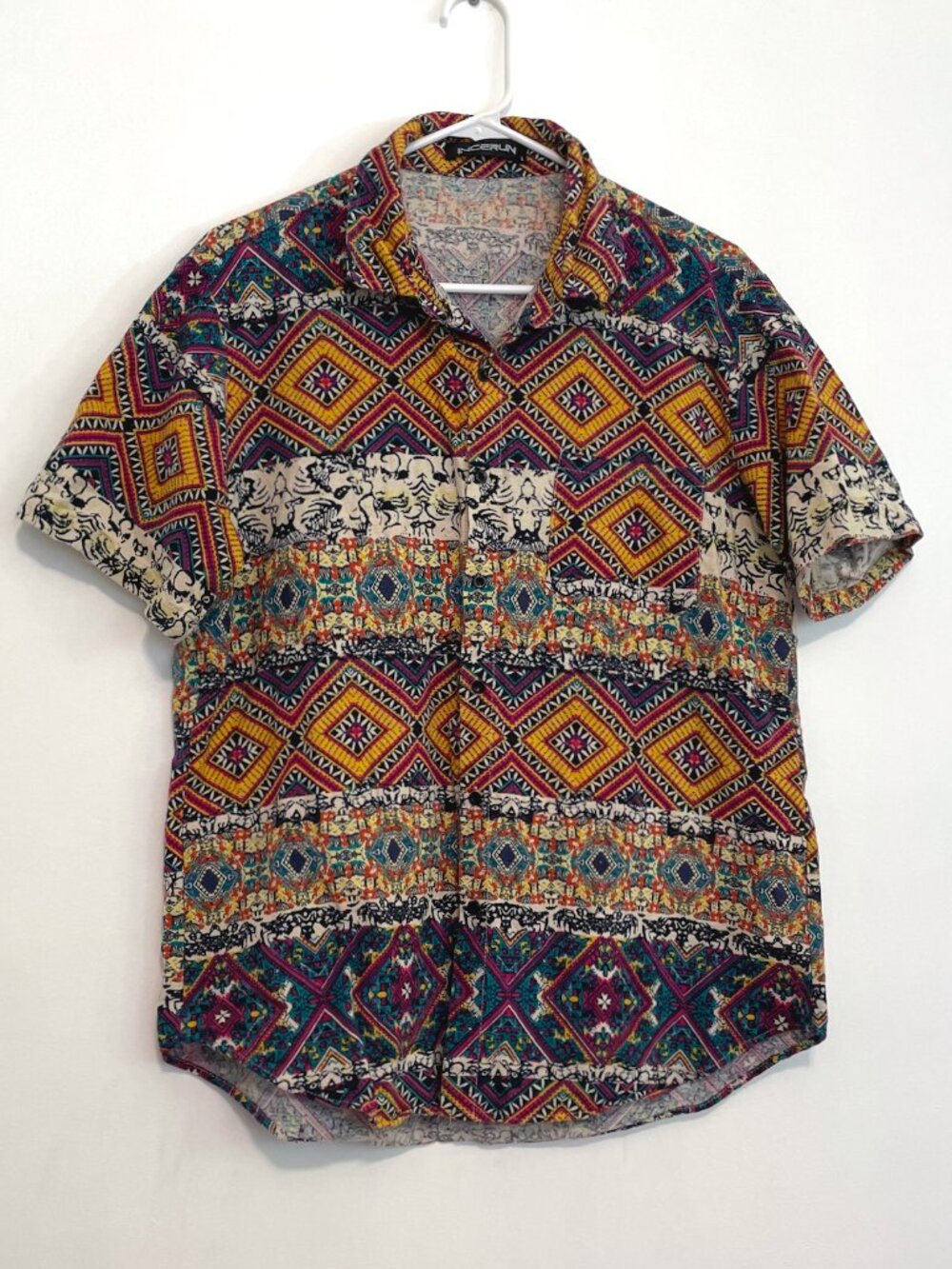 INCERUN Mens Multi Aztec Tribal Geometric Southwestern Short Sleeve Button Down